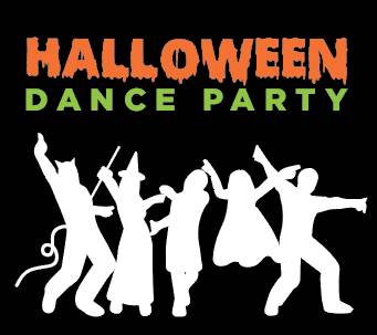 Halloween Dance Party, costumed people dancing.
